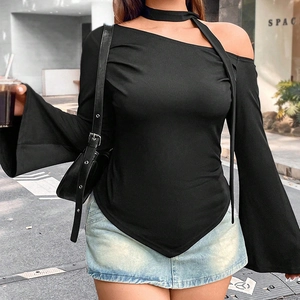 Slim fit black off-shoulder long sleeve top with flared sleeves and matching neck strap