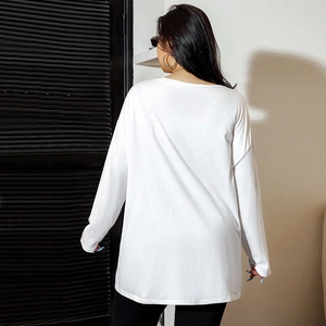 Plus size white long sleeve T-shirt for women with relaxed fit and side slit design
