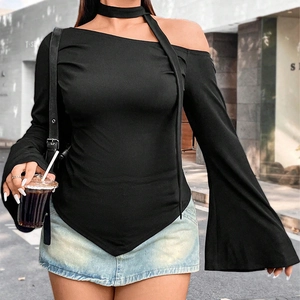 Women's black off-shoulder long sleeve top with halter neck and irregular hem