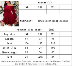 Size chart for velvet off-shoulder dress listing weight and detailed measurements