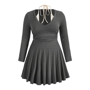 Slim fit dark grey long sleeve dress with halter neck and pleated waist design