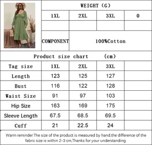 Size chart for plus size cotton dress showing length, bust, and waist measurements