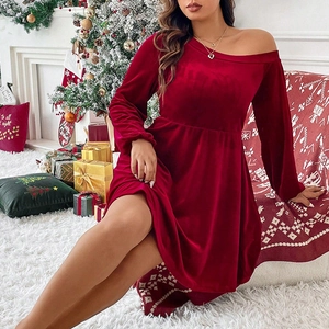 Elegant off-shoulder velvet mini dress in deep red with long sleeves and A-line fit
