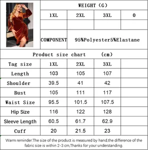 Size chart for plus size velvet party dress showing measurements for 1XL to 3XL sizes