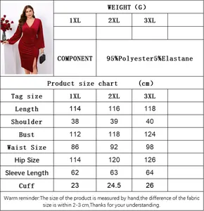 Size guide table for plus size velvet V-neck dress showing dimensions in cm and inches