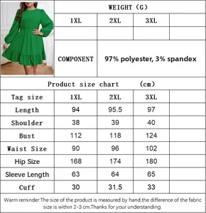 Size chart for plus size green long sleeve ruffle dress with detailed measurements