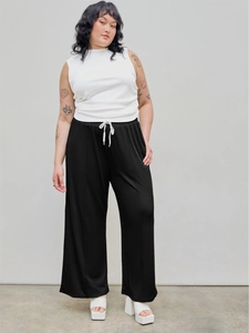 Femmes Grande Taille Taille Haute Cordon de Serrage Pantalon Jambe Droite Décontracté Taille Élastique Mode Quotidienne