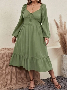 Women Plus Size Cotton Midi Dress Sweetheart Neck Bubble Sleeve Ruffle Hem Bohemian Pastoral Style Casual Sage Green Dress