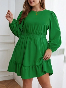 Plus Size Women Ruffle Hem Swing Dress Round Neck Long Bubble Sleeve Elastic Waist Green Casual Mini Dress For Women