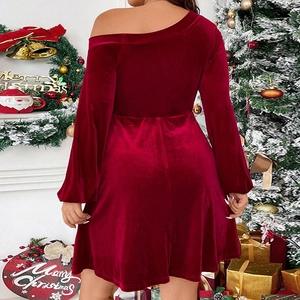 Elegant wine red velvet off-shoulder long sleeve dress for women in festive holiday setting