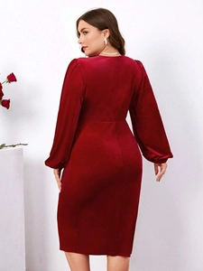 Slim fit deep red velvet long sleeve dress with V-neck and elegant slit detailing