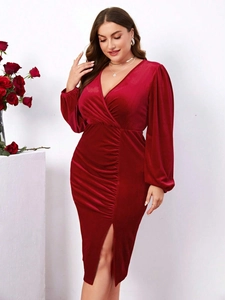 Elegant wine red velvet long sleeve V-neck midi dress with slit and ruching detail