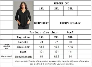 Guide des tailles détaillé pour haut femme à col en V, tailles allant du 1XL au 3XL