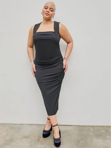 Damen Übergröße Gerafftes Midi Kleid Eckiger Ausschnitt Ärmellos Bodycon Schlank Elegant Elastisch Lässig Sommer Party Club Kleid