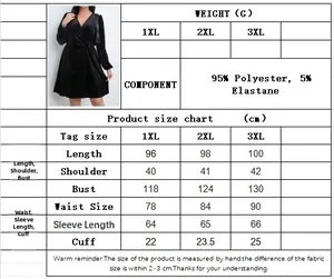 Detailed size chart for V-neck lantern sleeve dress with measurements and material info