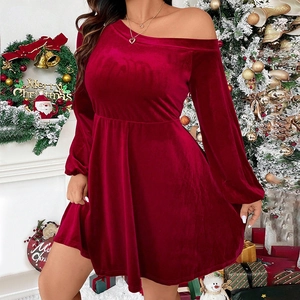 Women Plus Size Wine Red Velvet Dress Off Shoulder Long Sleeve Ruched A-Line Mini Party Dress For Christmas Event