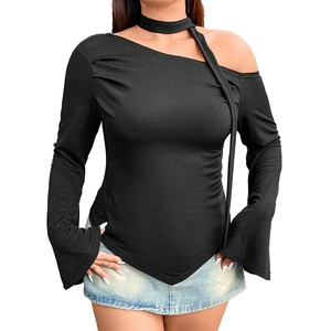 Slim fit black ribbed knit top with asymmetrical cold shoulder and flared sleeves