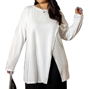 Women's plus size long sleeve white T-shirt featuring a stylish side slit design