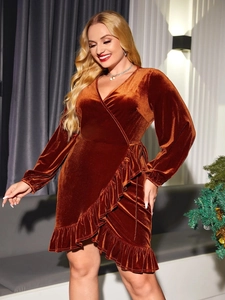 Elegant rust red velvet wrap dress with v-neck and ruffle details for party wear