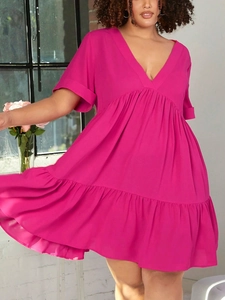 Robe Midi Femme Grande Taille Col en V Manches Courtes Ourlet à Volants Élégante Fuchsia à Étages Taille Haute Décontractée