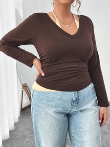 Deep brown V-neck slim knit top with long sleeves and pleated waist for women