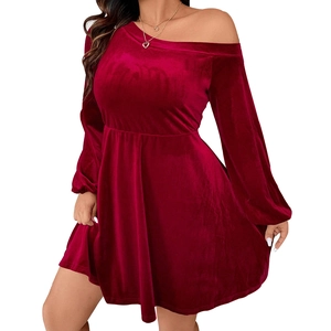 Elegant wine red velvet off-shoulder mini dress with long puff sleeves and cinched waist
