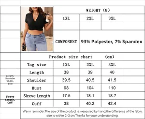 Size chart for women's slim fit V-neck crop top detailing polyester spandex blend fabric