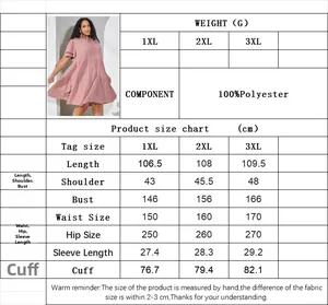 Detailed size chart for plus size pink V-neck tiered babydoll dress in 1XL-3XL range