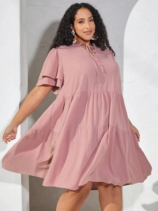 Women Plus Size V Neck Tiered Ruffle Dress Summer Casual Babydoll Solid Color Short Sleeve Layered Midi Dress