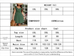 Size chart for V-neck pleated midi dress showing measurements in 1XL to 3XL for 100% cotton dress