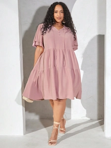 Women V-neck tiered babydoll dress in lotus pink with layered ruffle sleeves