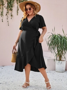 Elegant black V-neck wrap maxi dress with asymmetrical ruffled hem for women