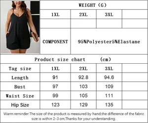 Detailed size chart for plus size V-neck ribbed romper with 95% polyester and 5% elastane