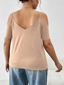 Slim fit cold shoulder plus size t-shirt for women featuring open back design in beige