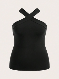 Women Plus Size Halter Neck Crop Tank Top Cross Strap Off Shoulder Sleeveless Knitted Vest Sexy Streetwear Slim Fit Top