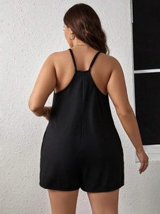 Women's plus size black ribbed romper with spaghetti straps and casual loose fit