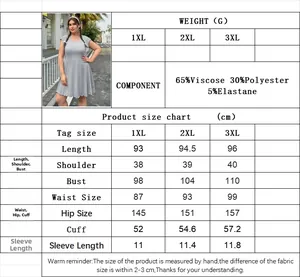 Detailed size chart for plus-size mini dress showing measurements in cm from 1XL to 3XL