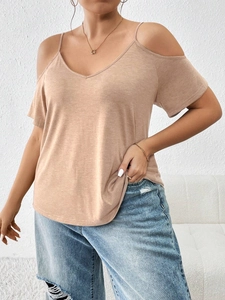 Brown cold shoulder V-neck T-shirt in soft knit fabric paired with denim jeans
