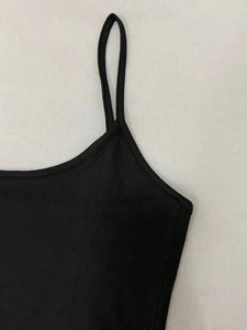 Slim fit black spaghetti strap dress with fine knit texture and double-stitched neckline