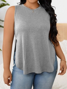 Women's gray sleeveless side slit yoga tank top with subtle ribbed texture for fitness