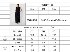 Detailed size chart for plus size sleeveless jumpsuit with fabric composition and measurements