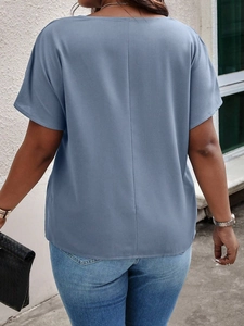 Women's plus size grey blue short sleeve chiffon blouse with modern casual back seam detail