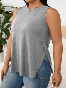 Women's grey sleeveless round neck athletic tank top with stylish side slit detail