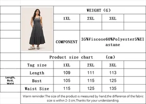 Detailed size chart for plus size casual dress with measurements in centimeters and fabric info
