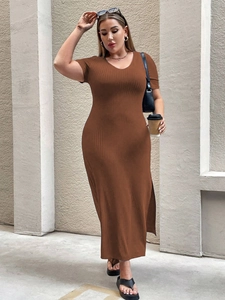 Elegant V-neck ribbed knit midi dress in brown featuring a side slit and slim fit