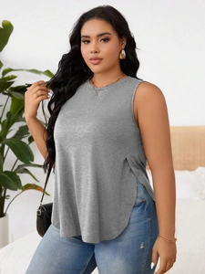 Women's gray sleeveless side slit tank top for yoga and fitness with casual loose fit