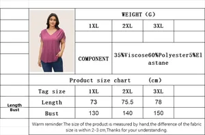 Size chart and material detail for women's V-neck plus size short sleeve tunic top