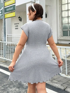 Short sleeve grey rib-knit mini dress with lettuce edge and casual A-line silhouette