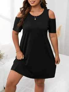 Robe Décontractée Grandes Tailles Femme Épaules Dénudées Col Rond Manches Courtes Noir Uni Ligne A Robe T-Shirt Été Mini Robe