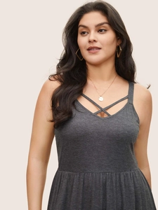 Plus size dark grey sleeveless V-neck maxi dress with stylish crisscross strap detail